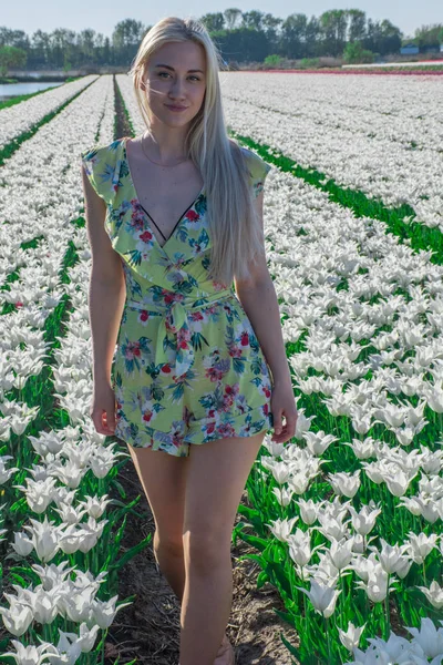 Blondes Mädchen Den Feldern Der Tulpen Lisse — Stockfoto