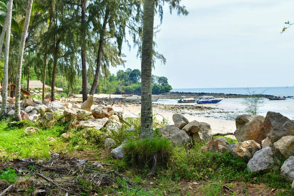 Thaiföld Island Beach. sziklák trópusi tengerpart Ázsia és pálmafa — Stock Fotó