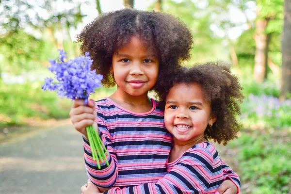 Hermanas afroamericanas rizadas están jugando en el parkcurly — Foto de Stock