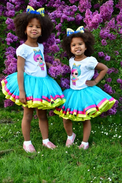 African American sisters are playing in the parkcurly African Am