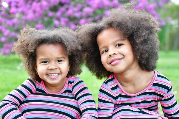 African American sisters are playing in the parkcurly African Am