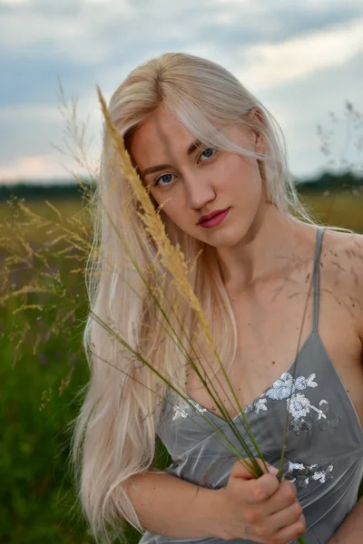 Nahaufnahme Bild der perfekten blonden nachdenklichen Dame entspannt auf einem Haufen — Stockfoto