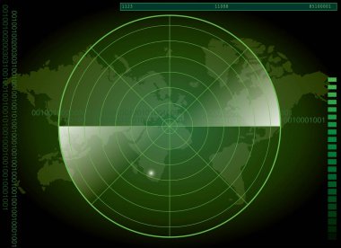 Yeşil Radar ekranı ve Dünya Haritası