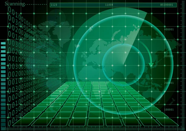 Ekran Radaru Zielony Mapa Świata — Wektor stockowy