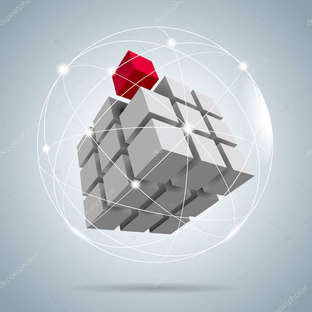 Cube assembled of blocks,puzzle blocks, one of which is red.