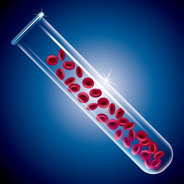 Tüp, mavi arka plan üzerinde kırmızı kan hücreleri 