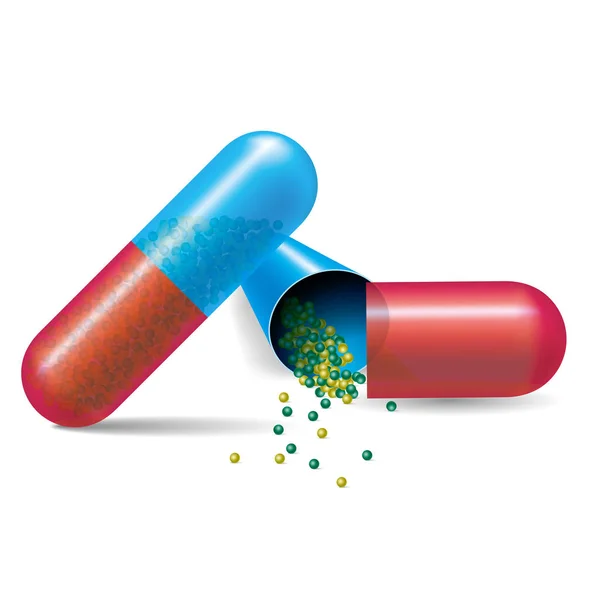 Pilules Capsules Médicales Ouvertes Vectorielles Isolées Sur Fond Blanc — Image vectorielle
