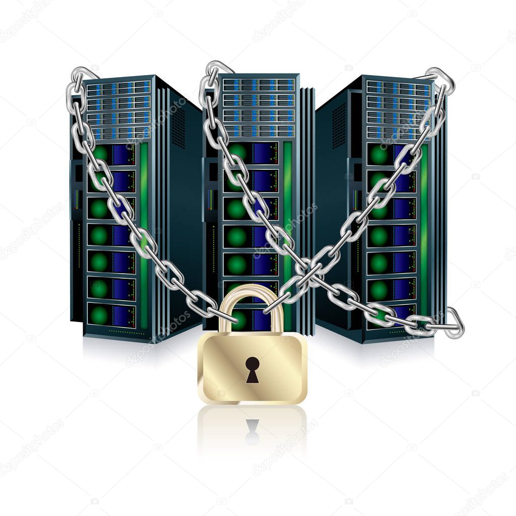 Vector drawn web server, Isolated on white background.Locked by a chain.