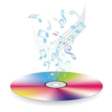 Müzik konsept tasarımı, kompakt disk, beyaz arka plan üzerinde izole müzik simgeler.