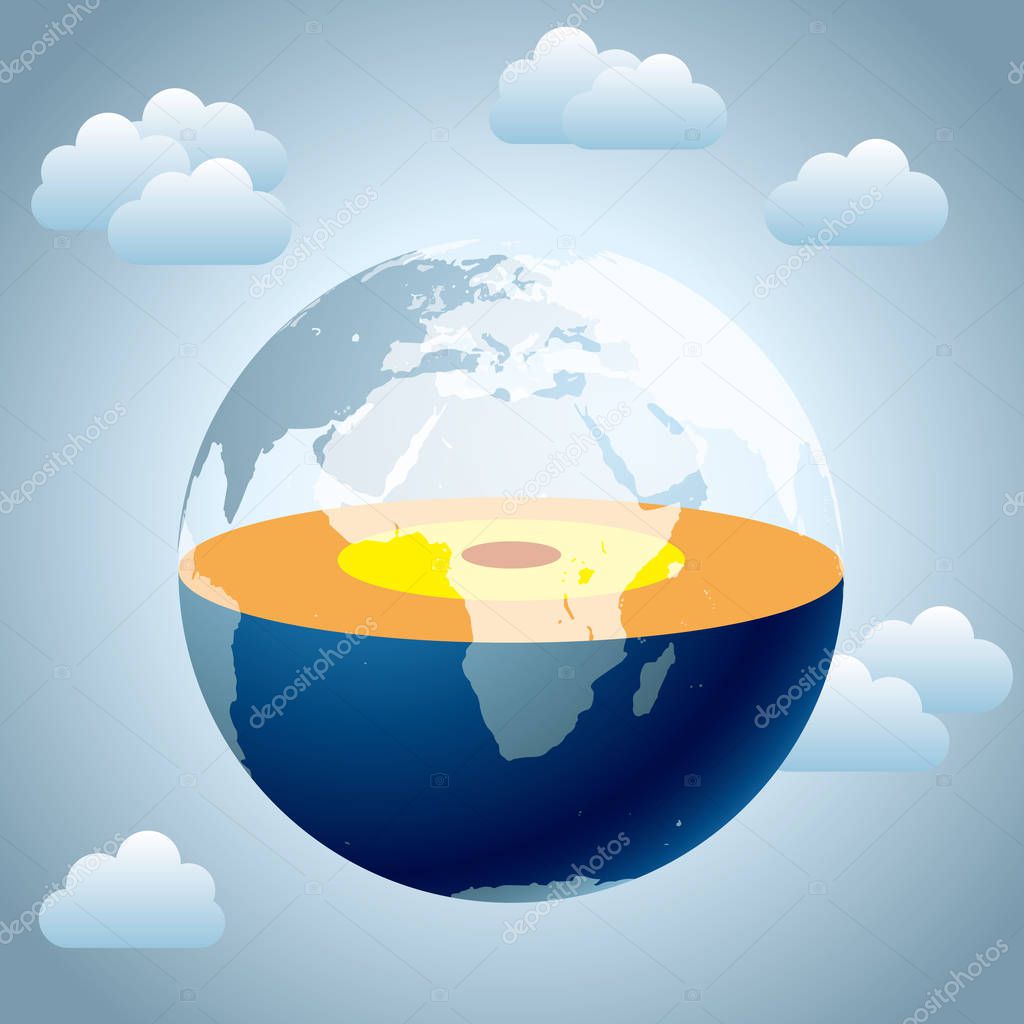 Earth's perspective design, cross-section exposed core, mantle. Background has clouds.