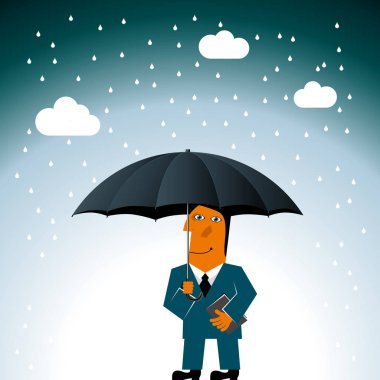 Siyah şemsiye yağmur altında tutan gülümseyen iş adamı