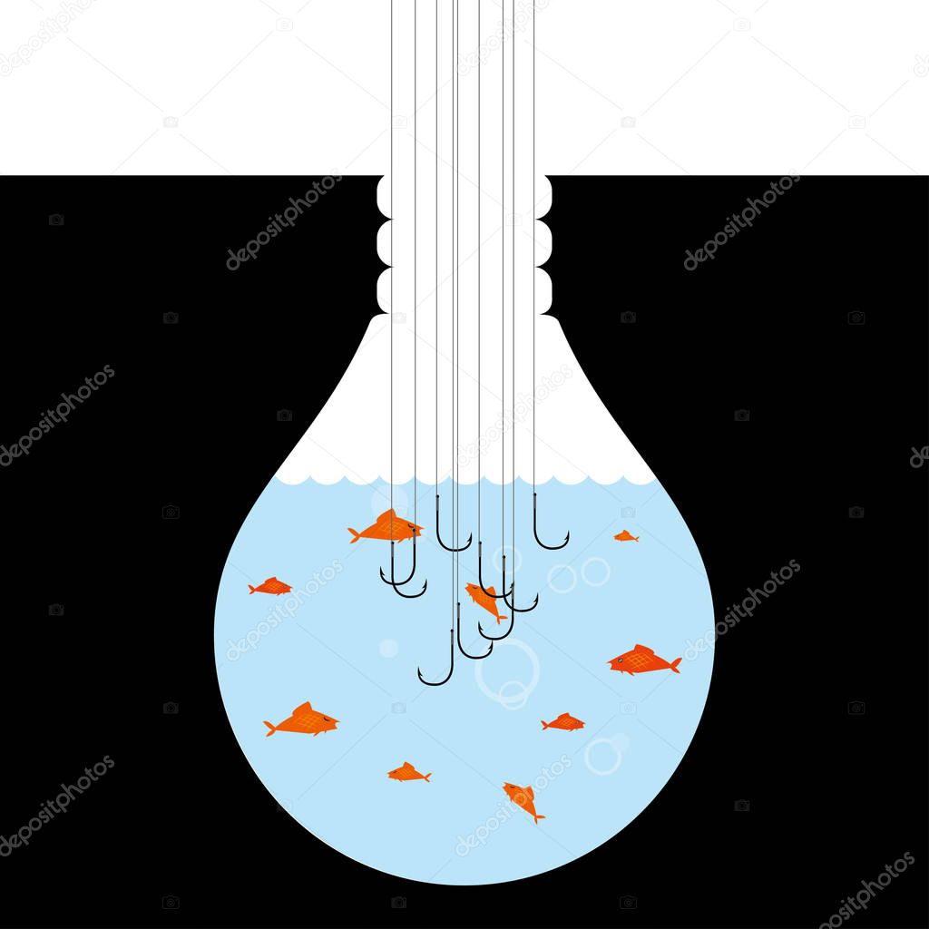 Conceptual design of fishing, a group of fish in a light bulb shaped container.