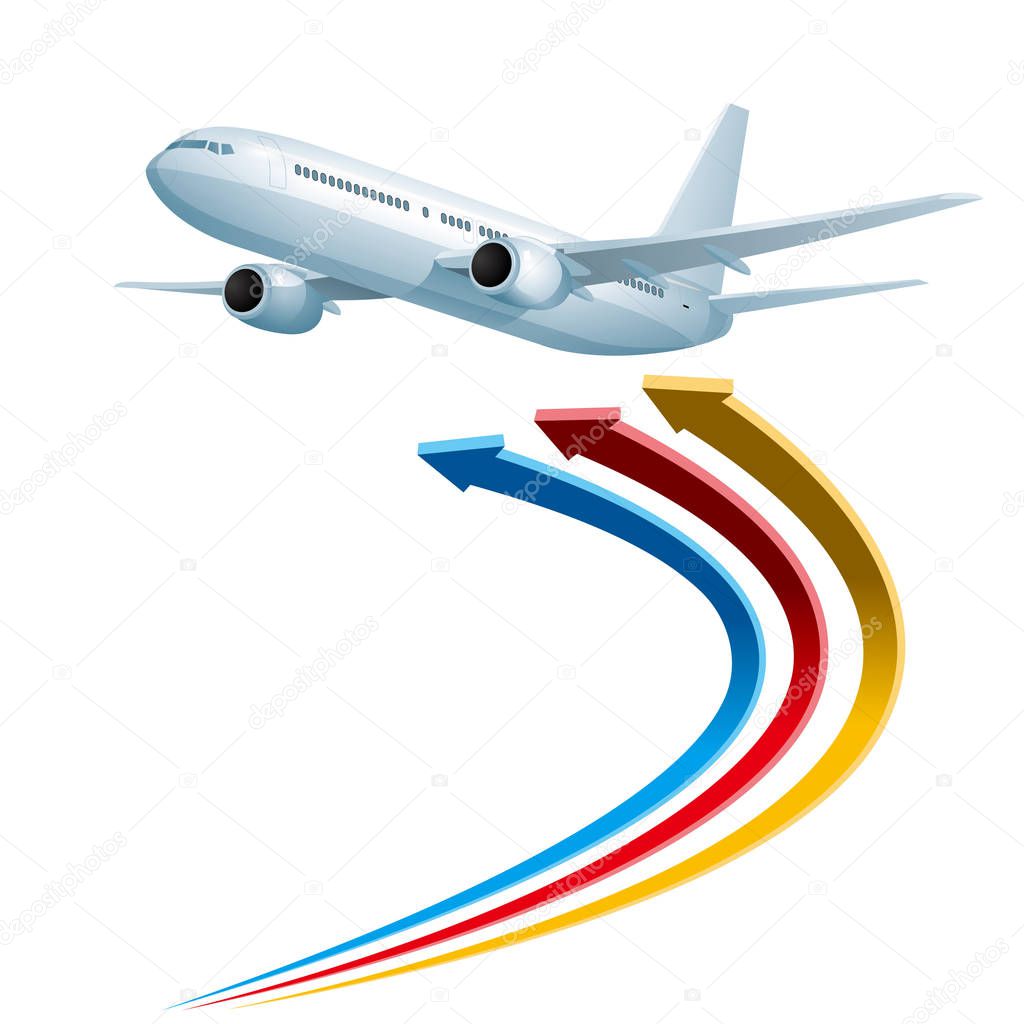 Air flight concept design, vector drawn jet airplane and arrow symbol.