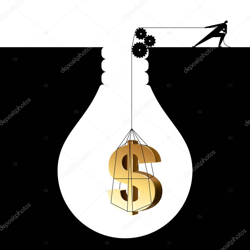 Businessman lifting dollar from trap, The trap is in the shape of a light bulb.