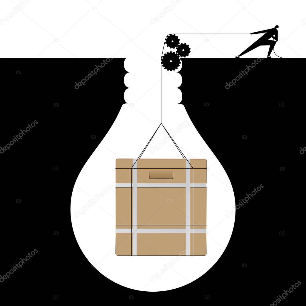 Businessman lifting cargo from the trap,The trap is in the shape of a light bulb.