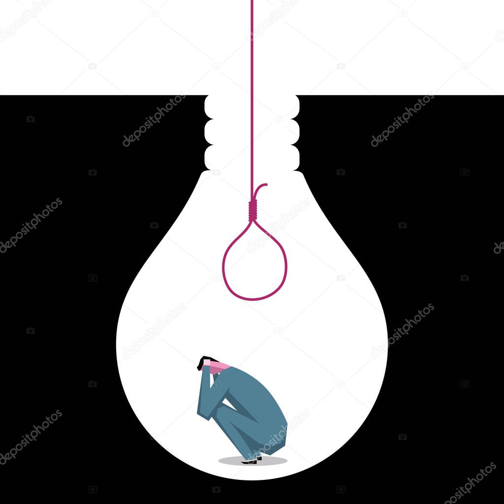 A businessman is trapped in a trap, The trap is in the shape of a light bulb.