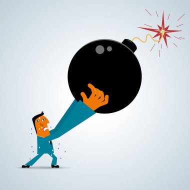 Bomba, mavi bir takım elbise giyen işadamı işadamı kaldırdı, bomba siyah.