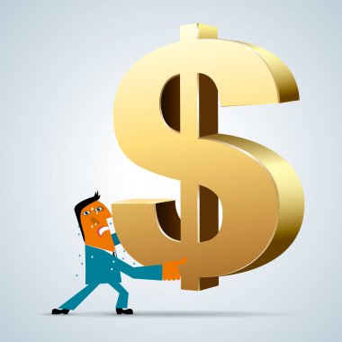 Pazarlama tasarım, dolar işareti kadar tutan işadamı. İşadamı aşınma mavi takım elbise.