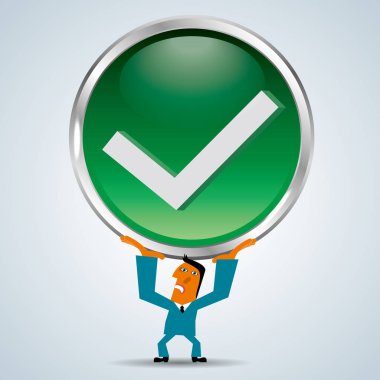 İş adamı doğru simge tutar. Arka plan gridir.