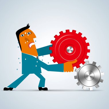 İşadamı Mekanik vites onarır, arka plan gri.