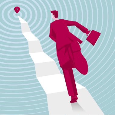 İş adamı yolda çalışıyor. Arka plan mavi.