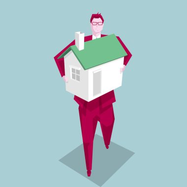  İş kavramı tasarım konsepti, ev tutan işadamı. Arka plan mavi.