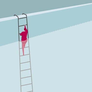 İşadamı merdiveni kullanmak için havuzundan tırmanıyor. Arka plan mavi.