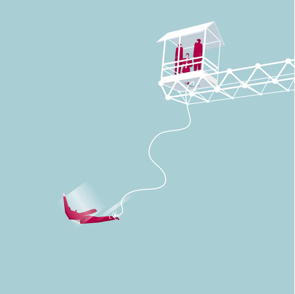 Bungee jumping from bridge. The background is blue.