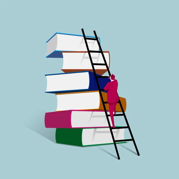 Hombre Negocios Sube Los Libros Desde Escalera Fondo Azul — Vector de stock