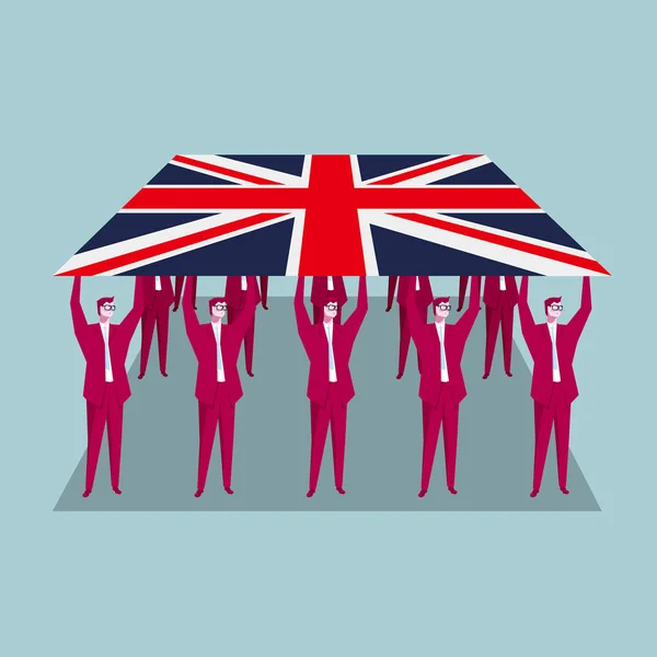 Diseño Concepto Equipo Hombre Negocios Sostiene Bandera Británica Fondo Azul — Vector de stock