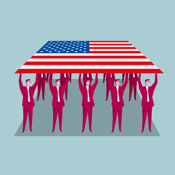 Teamkonzeption Geschäftsmann Hält Die Amerikanische Flagge Hoch Der Hintergrund Ist — Stockvektor