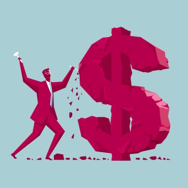  Bir işadamı bir dolar işareti oyma. Arka plan mavi.