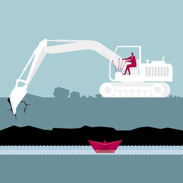 工程机械 挖掘机正在施工中 纸船在地下河里 — 图库矢量图片