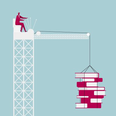 Büyük kitaplar, üzerinde mavi arka plan izole kaldırma işadamı.