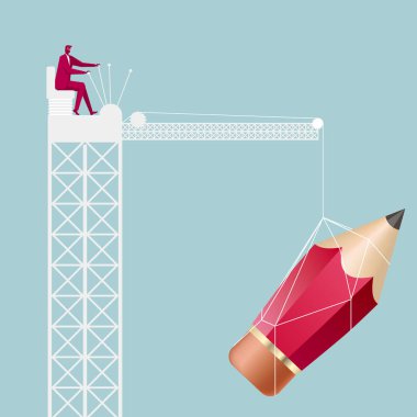 İşadamı büyük kalem, üzerinde mavi arka plan izole kaldırma.