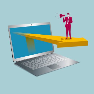  Online satış konsepti. Konuşma, dizüstü bilgisayar ve oklar bir işadamıdır. Arka plan mavi.