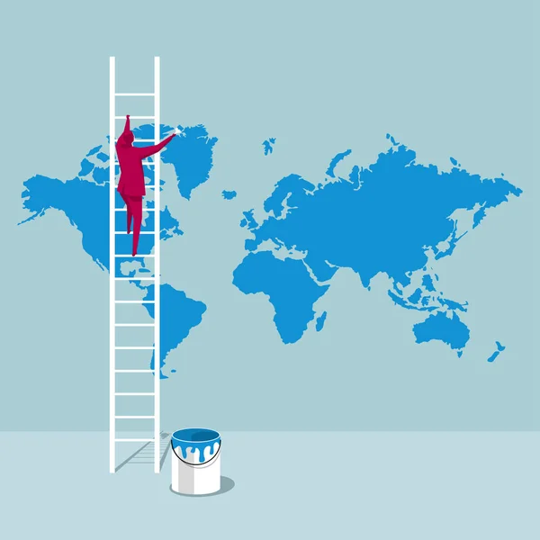 Artista Dibuja Mapa Del Mundo Pared Fondo Azul — Vector de stock