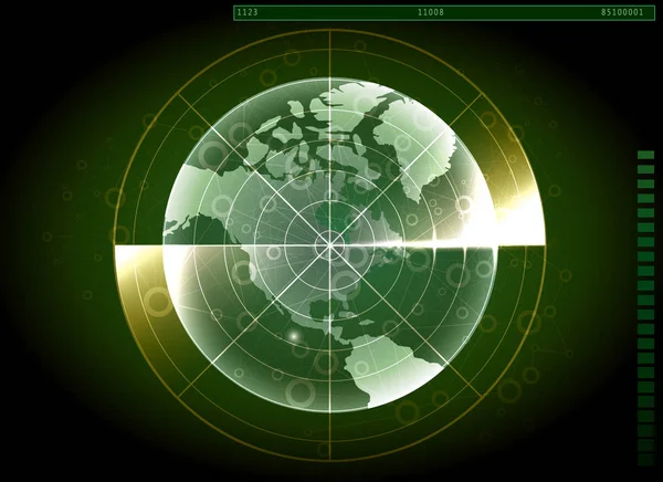 Yeşil Radar Ekranı Dünya Map Navigation Sistem Tasarımı — Stok Vektör