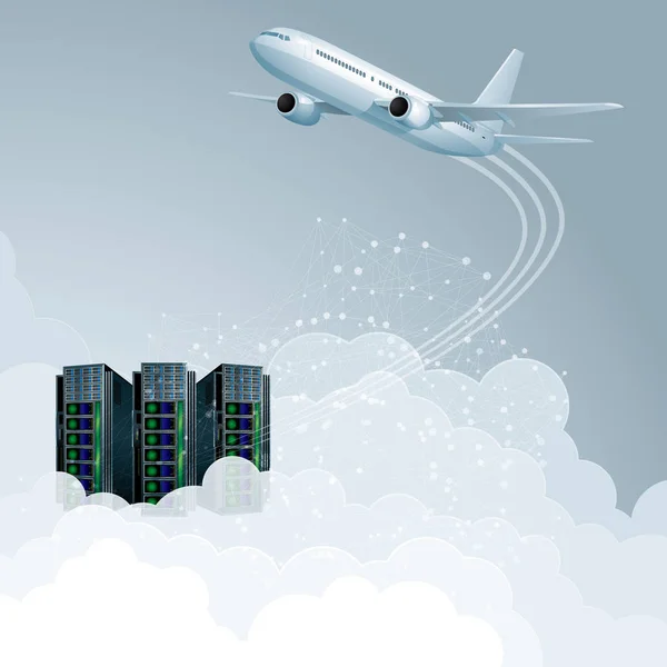 Cloud Computing Concept Design Aircraft Supercomputers — Stock Vector