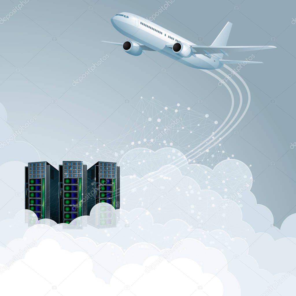 Cloud computing concept design. Aircraft and supercomputers.