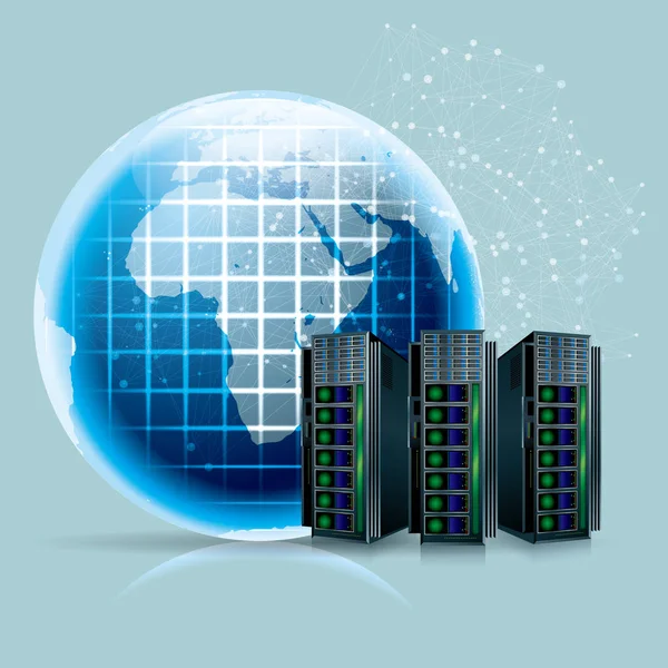 Progettazione Del Concetto Comunicazione Globale Supercomputer Cloud Computing — Vettoriale Stock