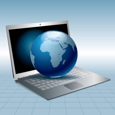 Çizilmiş vektör laptop ve dünya. Küresel iletişim kavramı.