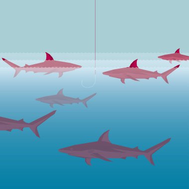 Sharks in the ocean, a hook hanging from above. clipart