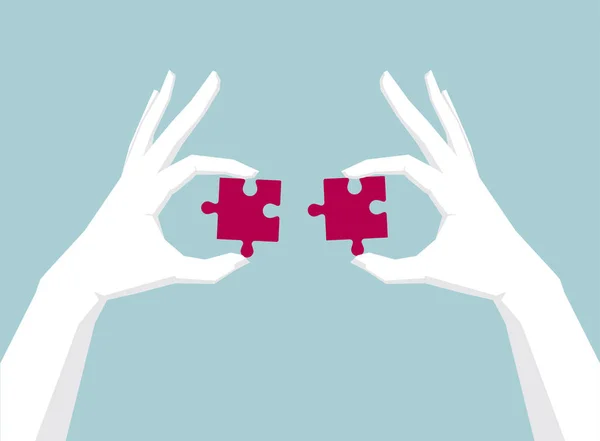 Zwei Hände Halten Puzzle Die Hand Ist Weiß — Stockvektor