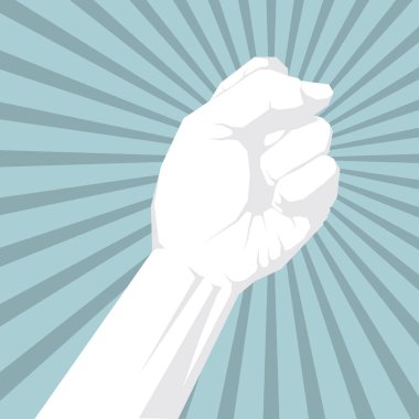 Güç konsept tasarımı için çizilmiş yumruk. Üzerinde mavi arka plan izole.