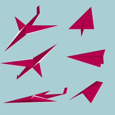 Origami sanatı, kırmızı uçak model. Arka plan mavi.