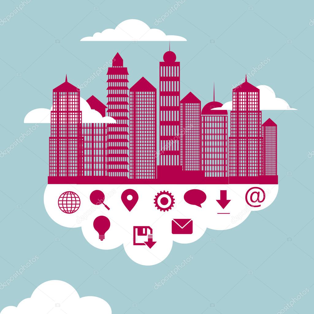 Cloud computing concept, buildings on the clouds.