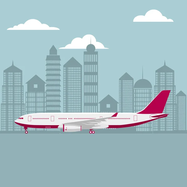 Drawn Passenger Plane Background City Architecture — Stock Vector