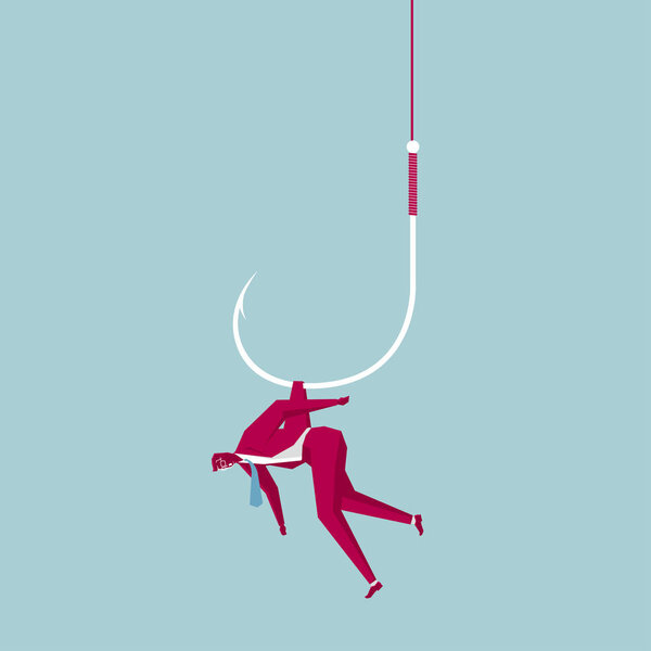 Businessman trapped on a fishing hook. Isolated on blue background.