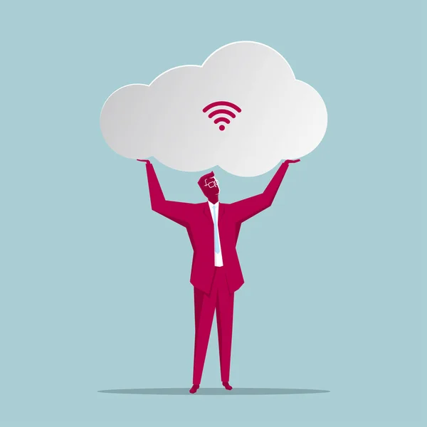 クラウド コンピューティングの概念設計 雲のシンボルを保持するビジネスマン — ストックベクタ